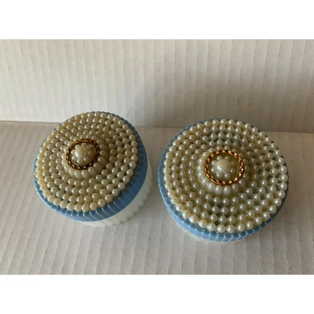 Vtg 1950s Vanity Powder Trinket Pill Box Faux Pearls LOT of 2 Hard Plastic Blue